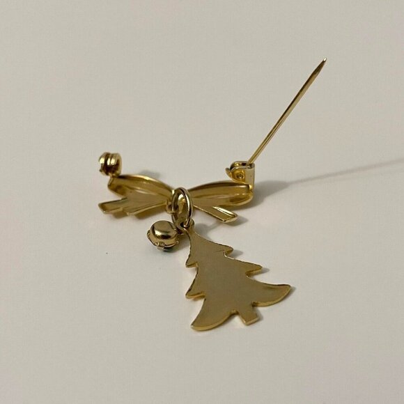 Vintage Christmas Pin Brooch Bow Tree Green Rhinestone Dangle - Picture 9 of 12